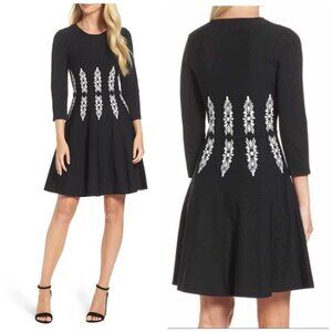 Eliza J Fit and Flare Black & White Sweater Dress Geometric Print on Waist Size